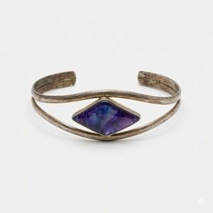 Vintage Sterling Silver Abalone Shell Cuff Bracelet Purple Inlay Boho 925 Signed